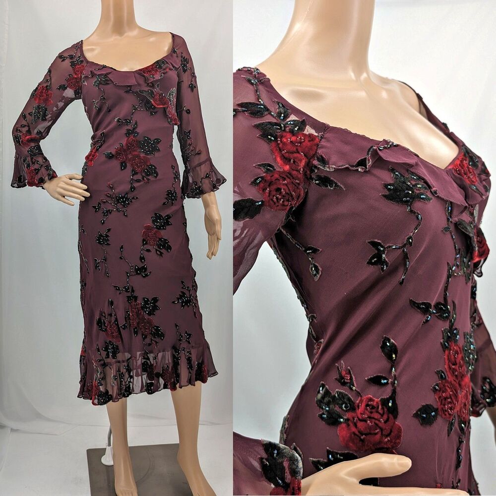 Vintage 1990s y2k Sue Wong Midi Dress Whimsygoth Floral Beaded Silk Fairy Size 2 - Picture 2 of 14